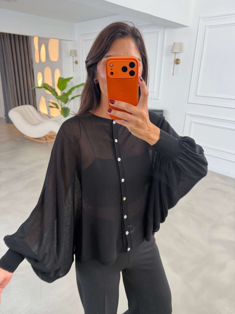 Siyah Transparan Pelerin Triko Bluz 2869-Siyah