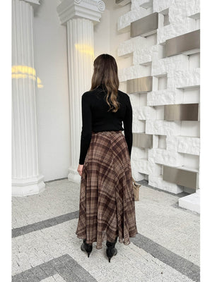 Kahverengi  Ekose Detaylı Şifon Etek 0613-Kahve