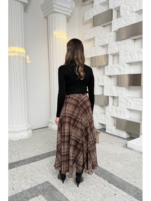 Kahverengi  Ekose Detaylı Şifon Etek 0613-Kahve