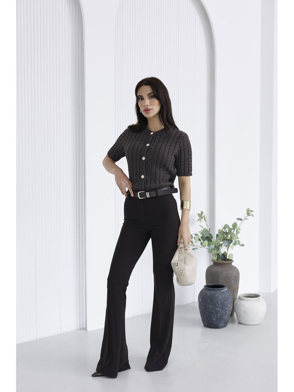 Kahverengi Gold Kemerli İspanyol Paça Pantolon 1741-Kahverengi