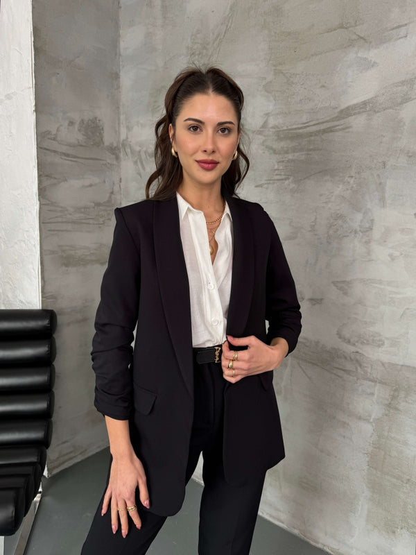 Siyah Şal Yaka Kolu Büzgülü Blazer Ceket