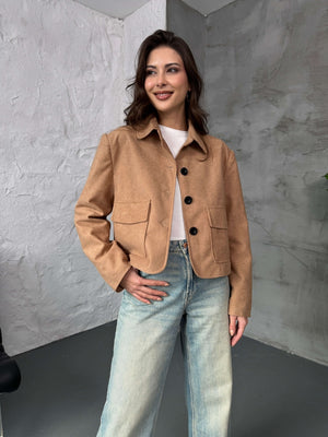 Camel Cepli Süet Kısa Ceket 9486-Camel