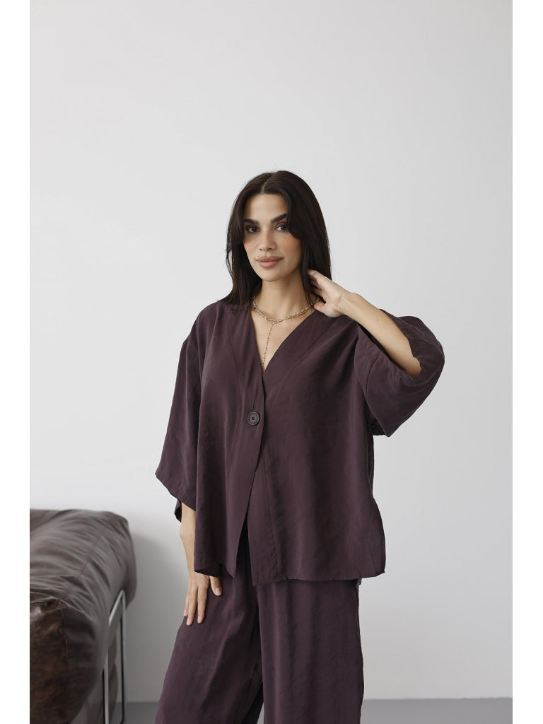 Mürdüm Tek Düğmeli Bluz Pantolon Takım 51189-Mürdüm