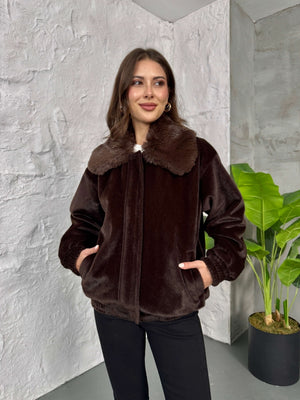 Premium Acı Kahve İİthal Kumaş Kürk Mont 70099-Acı Kahve