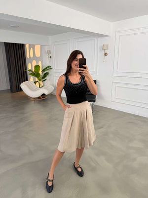Bej Pileli Bermuda Şort 51425-Bej