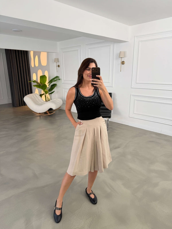 Bej Pileli Bermuda Şort 51425-Bej
