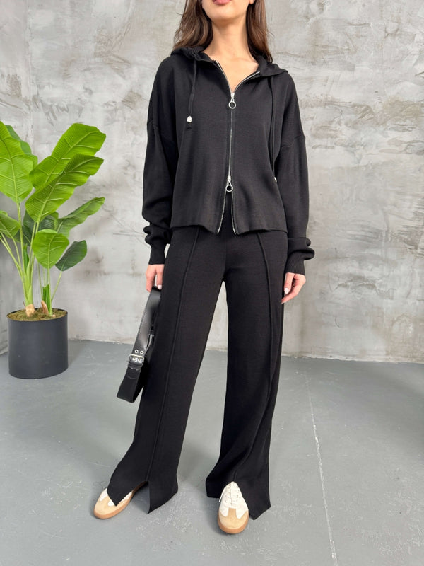 Siyah Kapşanlu Çift Fermuarlı Takım 0091-SİYAH