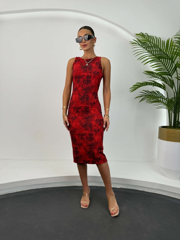 Kırmızı Batik Desen Body Elbise