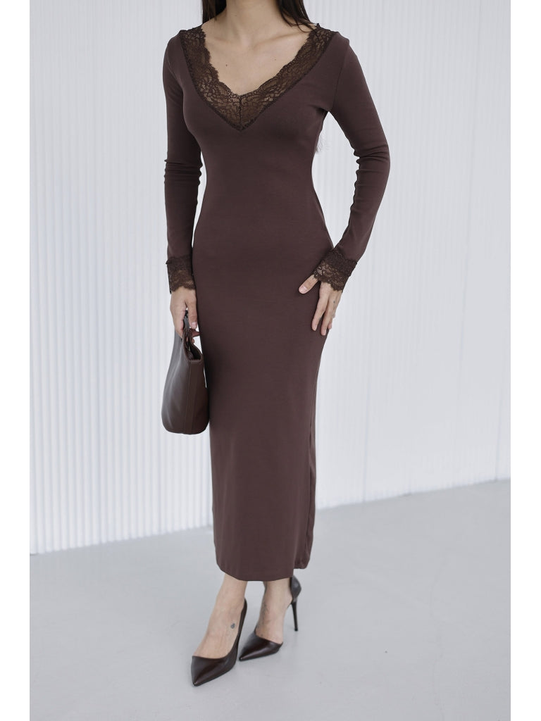 Kahverengi Dantel Yaka Elbise 4104-Kahve