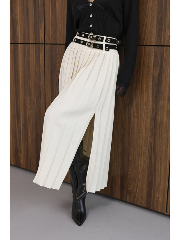 Krem Çift Kemerli Piliseli Etek 8122-Krem