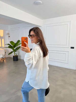 Beyaz Fitilli Oversize Gömlek 5000-Beyaz