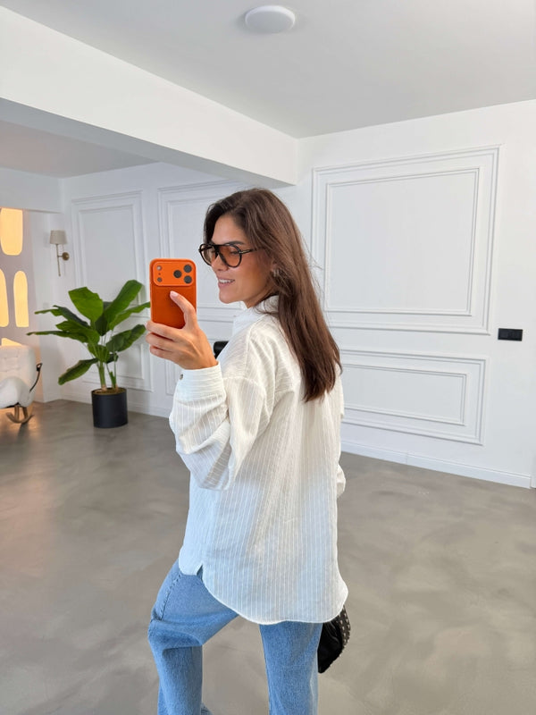 Beyaz Fitilli Oversize Gömlek 5000-Beyaz