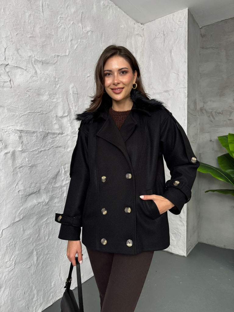 Siyah Yakası Kürklü Premium Kaşe Kaban 70100-Siyah