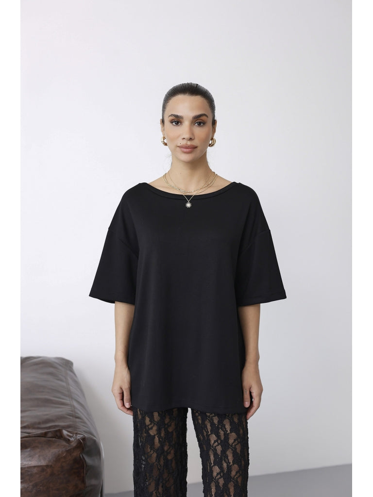 Siyah Sırtı Dantel Detay Modal Tshirt 1050-Siyah