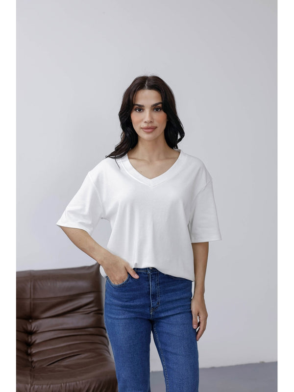 Ekru Orj Marka V Yaka Tshirt 6598-Ekru