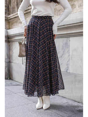 Lacivert Ekose Detaylı Şifon Etek 0613-Lacivert