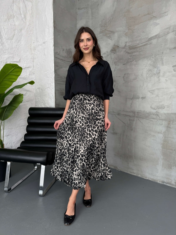 Gri Leopar Kırışık Saten Etek 29269-GRİ LEOPAR