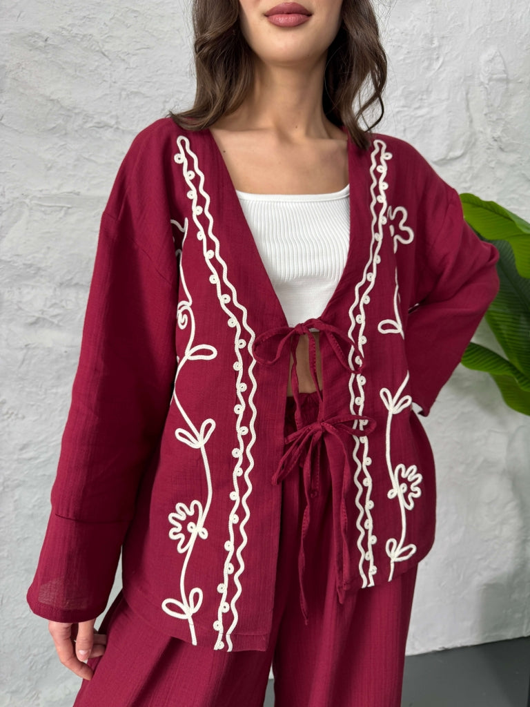 Bordo Nakışlı Müslin Kimono