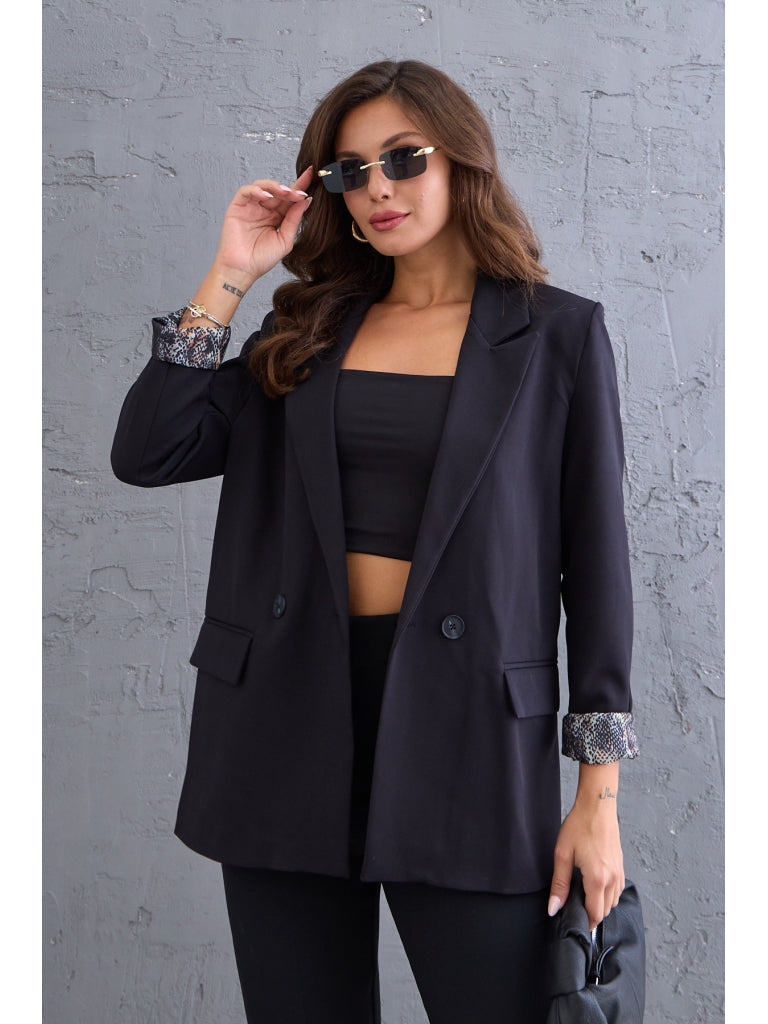 Siyah Leopar Kol Katlamalı Blazer Ceket