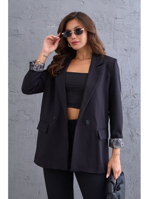 Siyah Leopar Kol Katlamalı Blazer Ceket