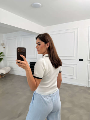 Ekru Polo Yaka Teddy Nakışlı İnce Triko Bluz 2791-Ekru