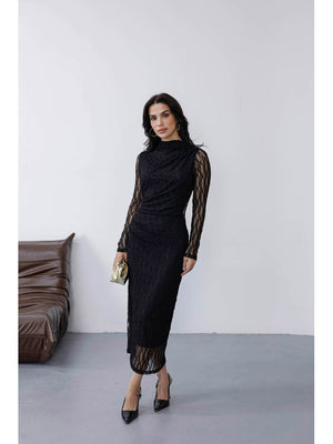 Siyah Yan Büzgülü Dantel Elbise 8249-Siyah