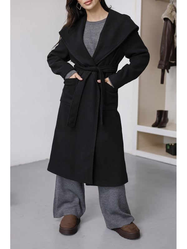 Siyah Kapşonlu Kaşe Kaban 2610-Siyah