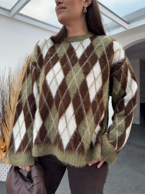 Haki Yanları Yırtmaçlı Şardonlu Baklava Kazak 2366-HAKİ