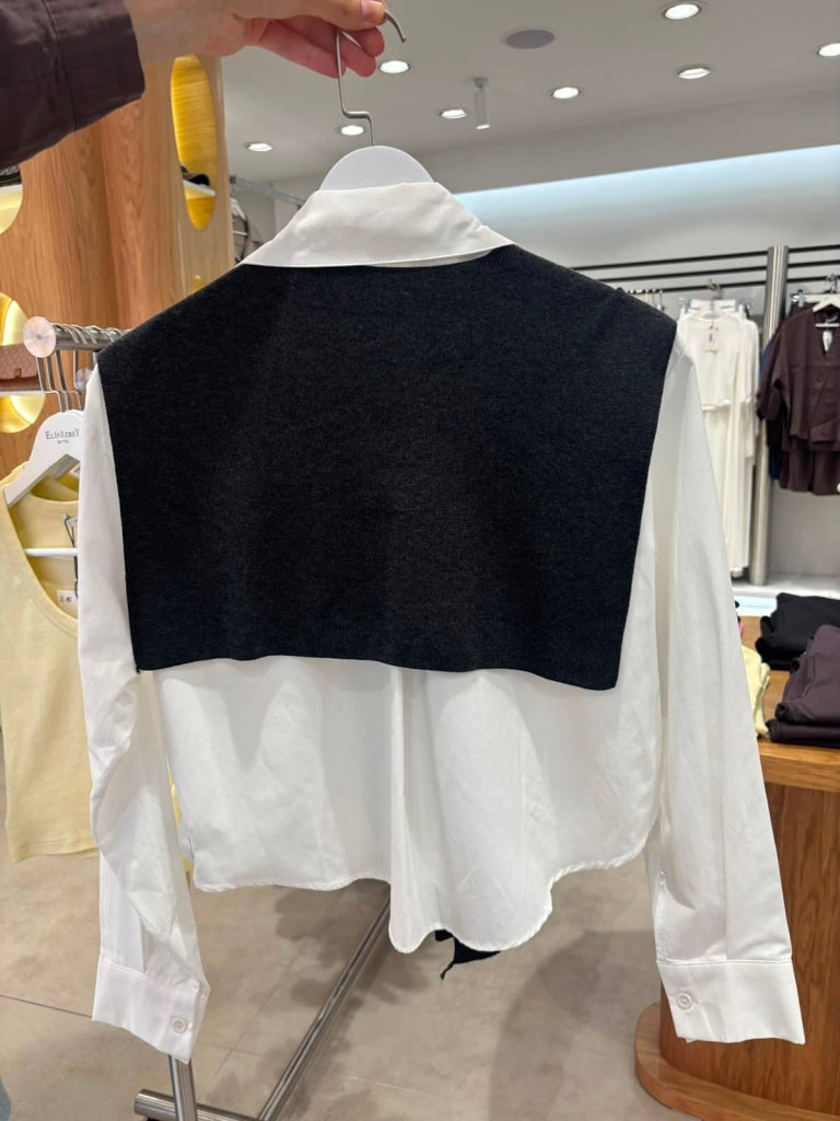 Ekru Gri Triko Fularlı Gömlek 2790-Ekru