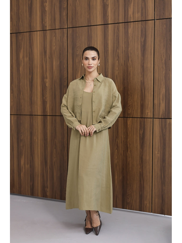 Haki İp Askılı Elbise Gömlek Takım 51153-HAKİ