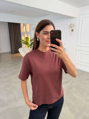 Açık Kahverengi Bisiklet Yaka Basıc Tshirt 6597-Açık Kahverengi