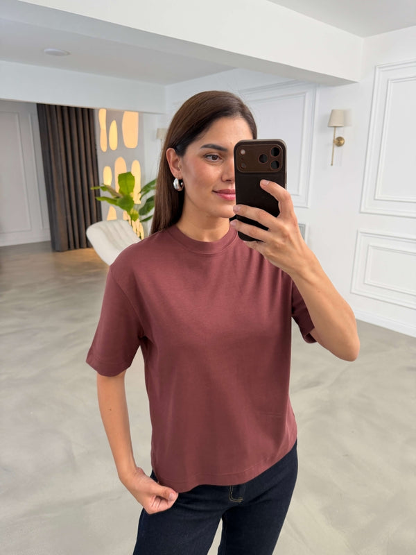 Açık Kahverengi Bisiklet Yaka Basıc Tshirt 6597-Açık Kahverengi