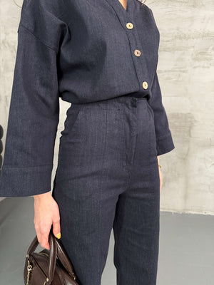 Lacivert Geniş Kol Denim Takım
