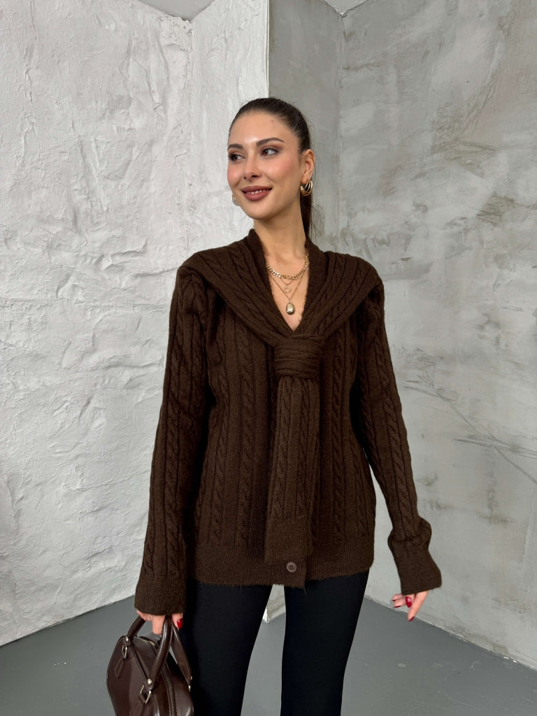 Kahverengi Massi Model Şal Detaylı Örgü Hırka