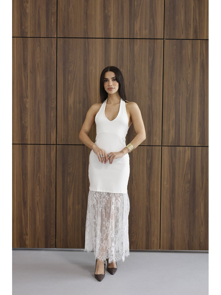 Ekru Sırt Dekolteli Dantel Detay Elbise 4106-Ekru