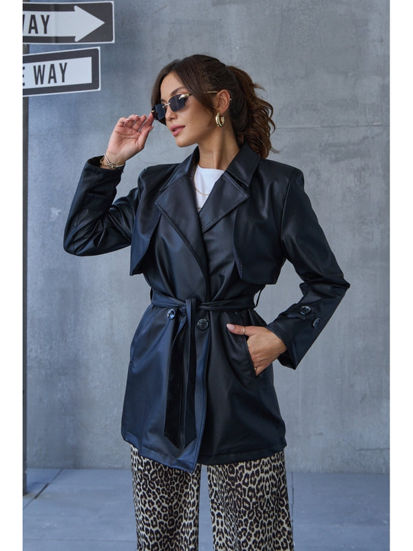 Siyah Kuşaklı Ara Boy Deri Trenç EY2377-Siyah