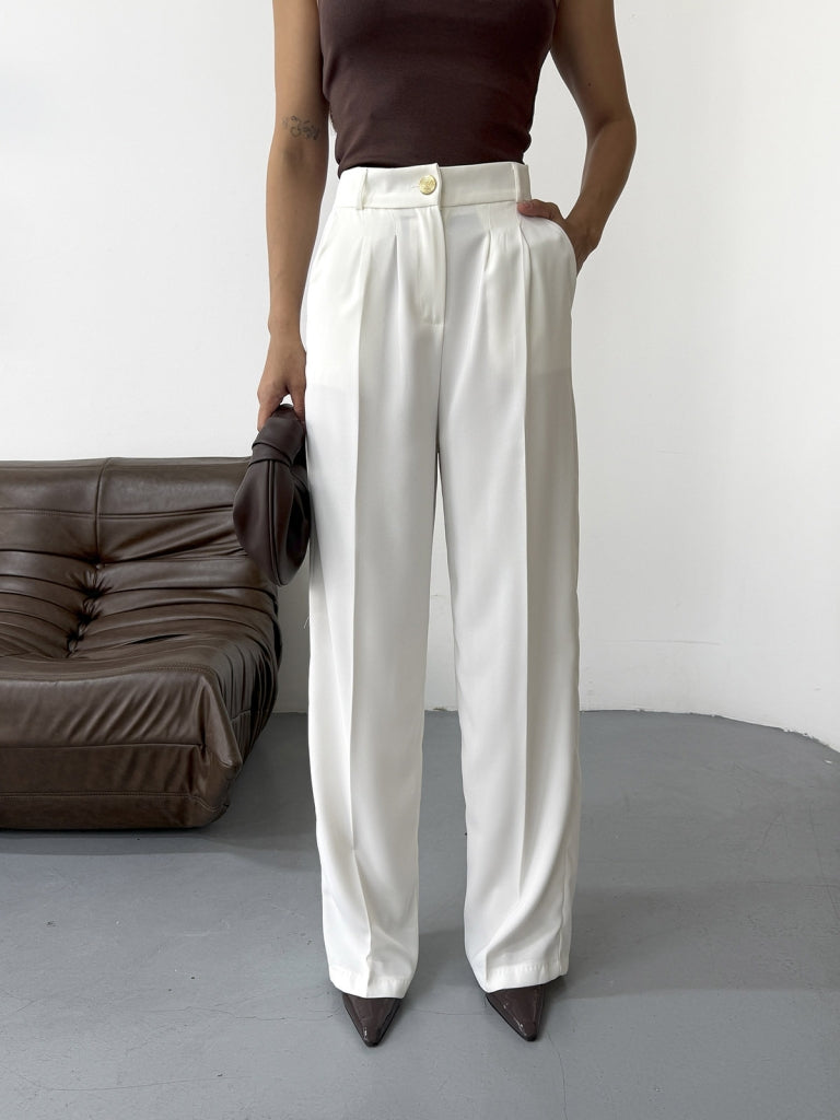 Beyaz Gold Düğme Detaylı Palazzo Pantolon 51078-BEYAZ