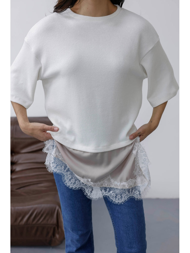 Ekru Eteği Dantelli Triko Bluz 8038-Ekru