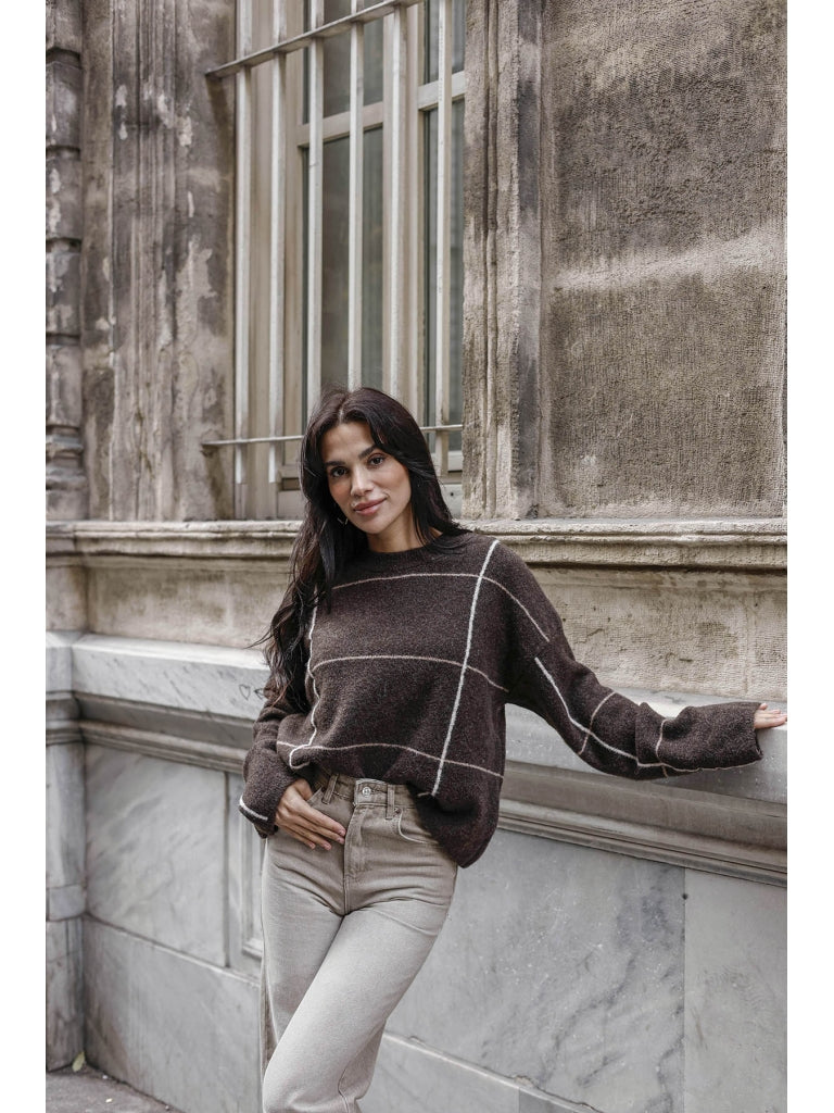 Kahve Yumoş Ekoseli Elitli Triko Kazak 2613-Kahve