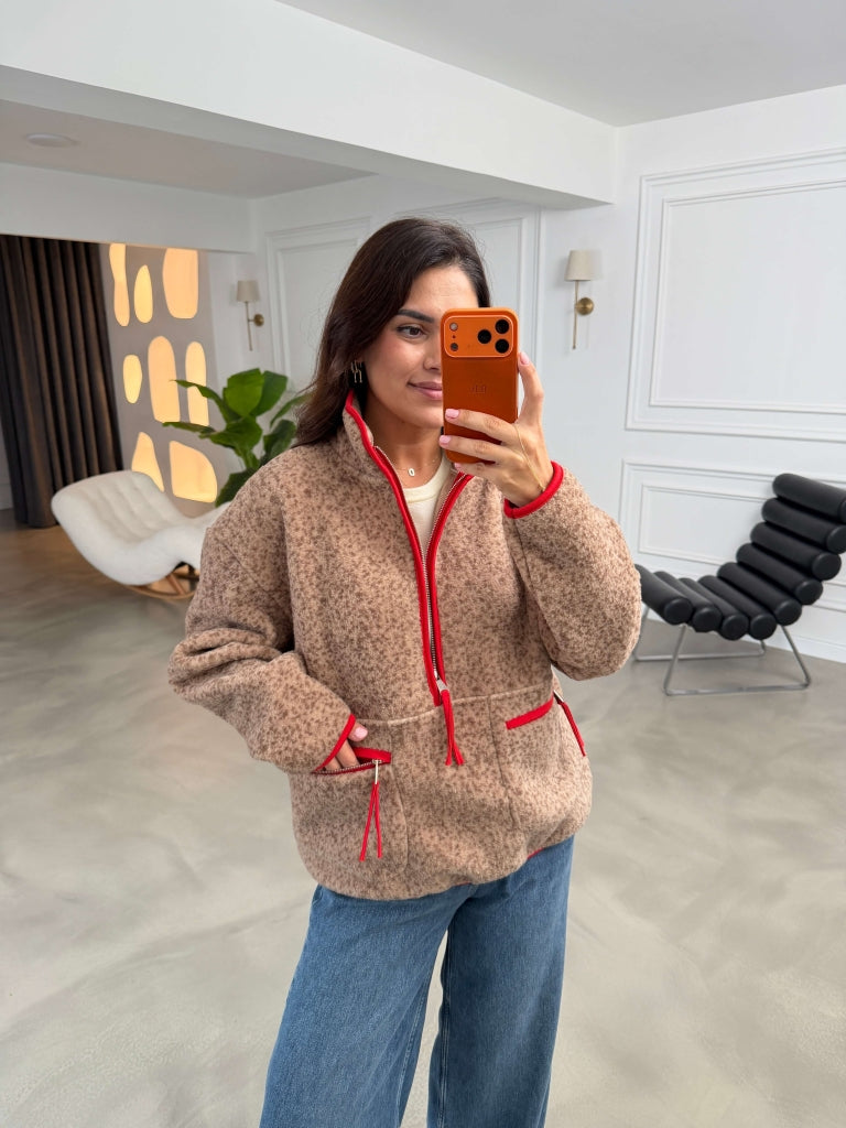 Kahverengi Yarım Fermuarlı Peluş Sweat 4247-Kahverengi