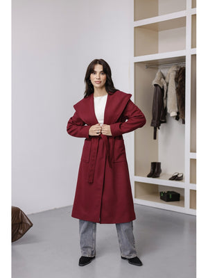 Bordo Kapşonlu Kaşe Kaban 2610-Bordo