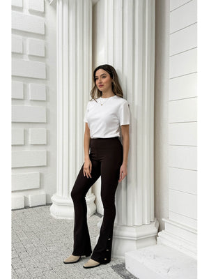 Dilvin Kahverengi Düğme Detay İspanyol Tayt 71905-Kahve