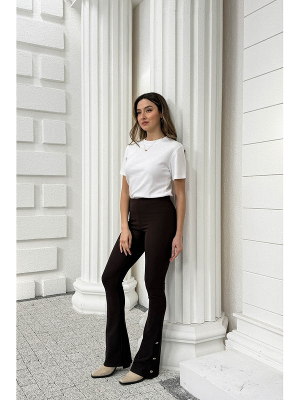 Dilvin Kahverengi Düğme Detay İspanyol Tayt 71905-Kahve