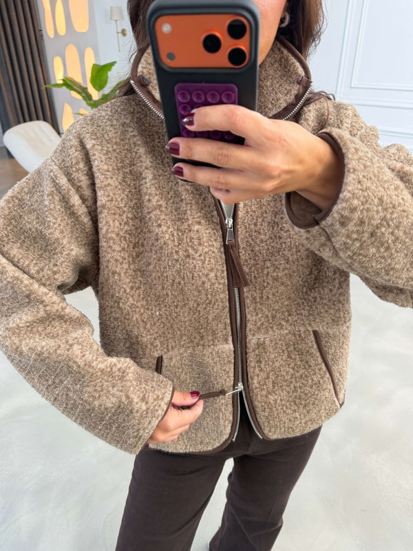Kahverengi Ön Fermuarlı Peluş Sweat 22889-Kahverengi