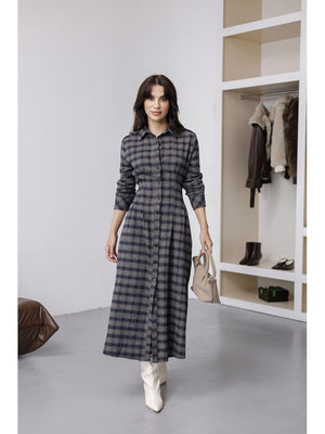 Vizon Lacivert Ekoseli Boydan Düğmeli Elbise 0745-Vizon
