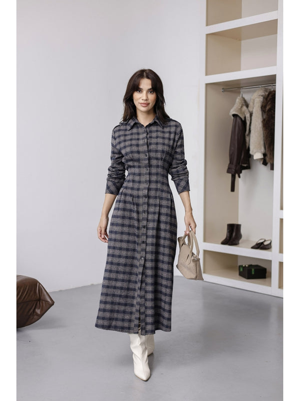 Vizon Lacivert Ekoseli Boydan Düğmeli Elbise 0745-Vizon