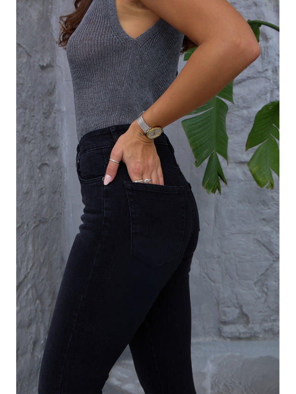 Siyah Likralı Mom Jean
