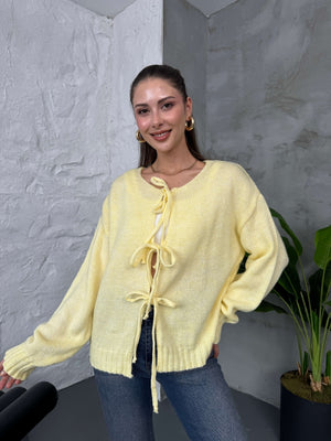 Sarı Önü Bağcıklı Örme Hırka EY2426-Sarı