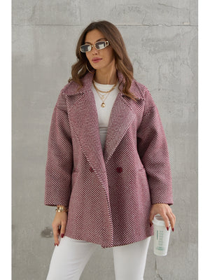 Bordo Balık Sırtı Oversize Astarlı Kısa Kaban
