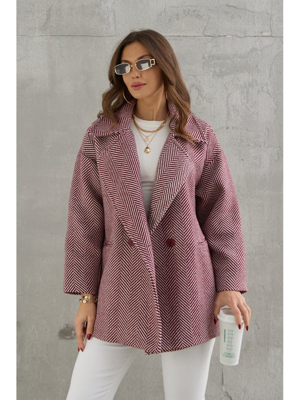Bordo Balık Sırtı Oversize Astarlı Kısa Kaban